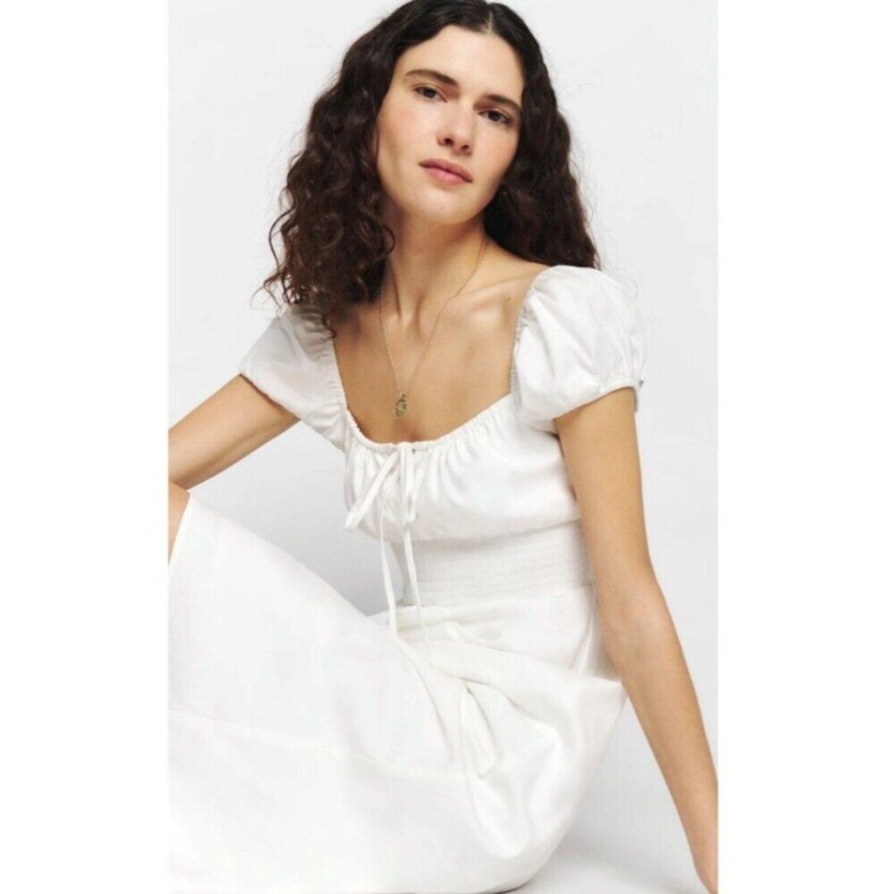 REFORMATION Dress Arna White Keyhole Tie Front Smocked Cottagecore Cotton midi 6 - Picture 10 of 11